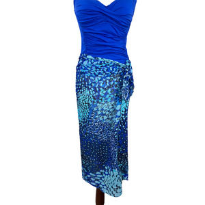 Women's Swim Coverup Long Sarong in Blue Print Sheer Waist Tie One Size